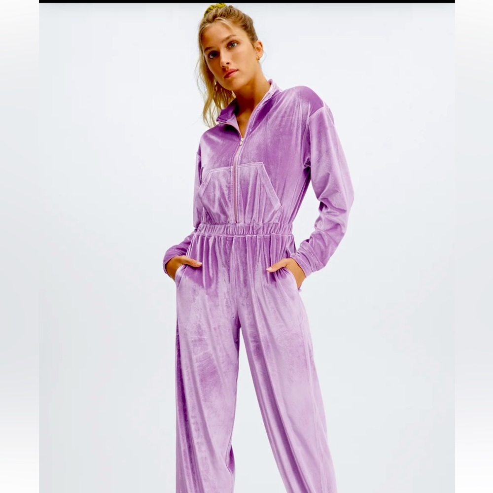 Fabletics velour lilac, zip up, wide leg, jumpsuit